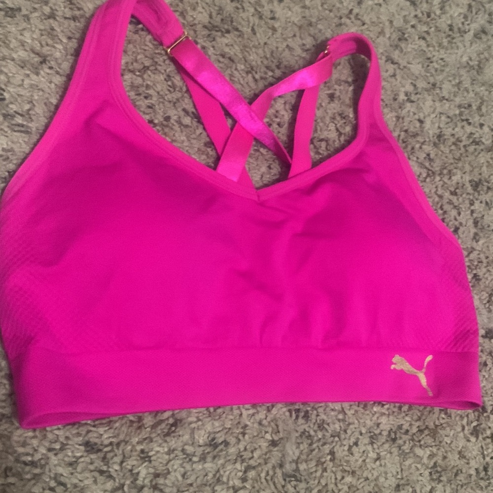 Puma hot pink and gold padded sports bra kids size large crisscross strap